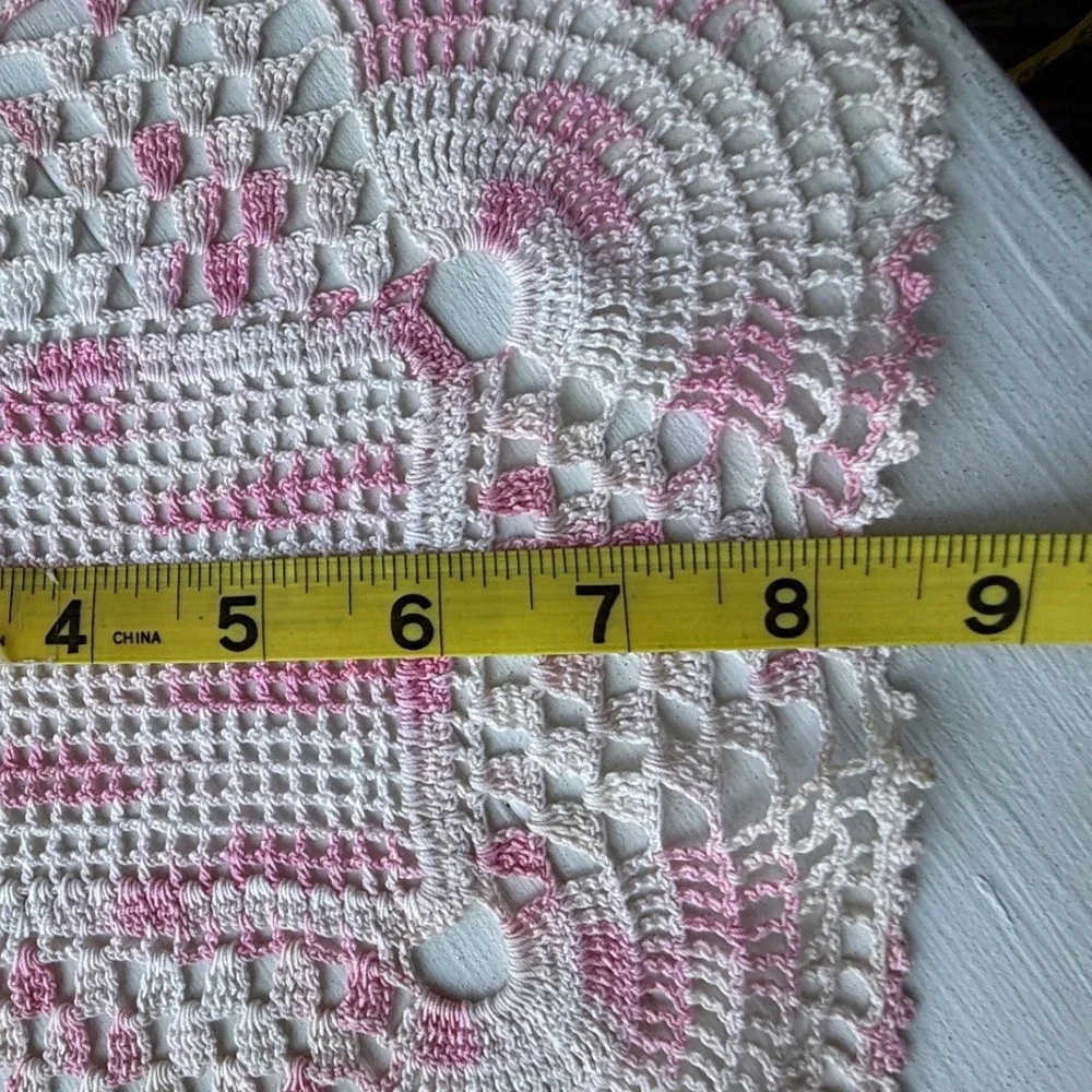 Vintage Hand Crochet Lace Doilies Lot Pink White Floral Table Linens 3pc Set
